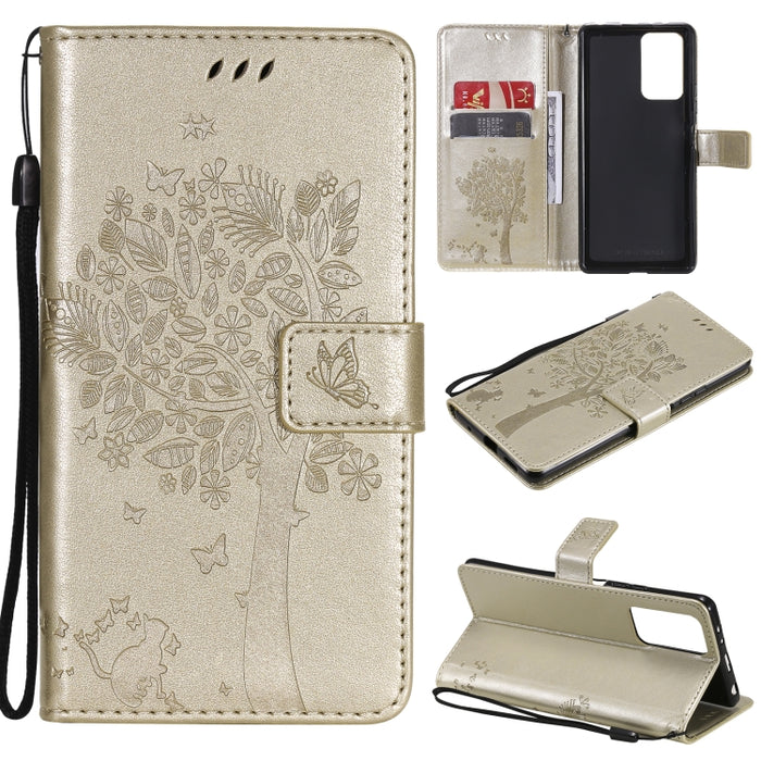 Estuche de cuero de PU con tapa horizontal con estampado prensado de patrón de árbol y gato con soporte y ranuras para tarjetas y billetera y cordón, For Xiaomi Redmi Note 10 4G, For Xiaomi Redmi Note 10 Pro, For Samsung Galaxy A32 4G                  ...