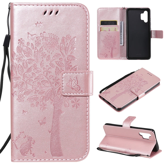 Estuche de cuero de PU con tapa horizontal con estampado prensado de patrón de árbol y gato con soporte y ranuras para tarjetas y billetera y cordón, For Xiaomi Redmi Note 10 4G, For Xiaomi Redmi Note 10 Pro, For Samsung Galaxy A32 4G                  ...