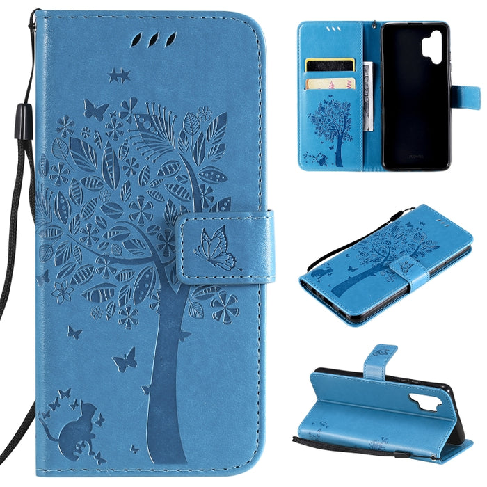 Estuche de cuero de PU con tapa horizontal con estampado prensado de patrón de árbol y gato con soporte y ranuras para tarjetas y billetera y cordón, For Xiaomi Redmi Note 10 4G, For Xiaomi Redmi Note 10 Pro, For Samsung Galaxy A32 4G                  ...