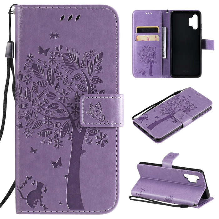 Estuche de cuero de PU con tapa horizontal con estampado prensado de patrón de árbol y gato con soporte y ranuras para tarjetas y billetera y cordón, For Xiaomi Redmi Note 10 4G, For Xiaomi Redmi Note 10 Pro, For Samsung Galaxy A32 4G                  ...