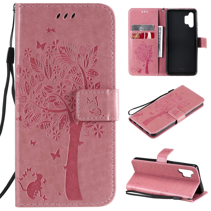 Estuche de cuero de PU con tapa horizontal con estampado prensado de patrón de árbol y gato con soporte y ranuras para tarjetas y billetera y cordón, For Xiaomi Redmi Note 10 4G, For Xiaomi Redmi Note 10 Pro, For Samsung Galaxy A32 4G                  ...