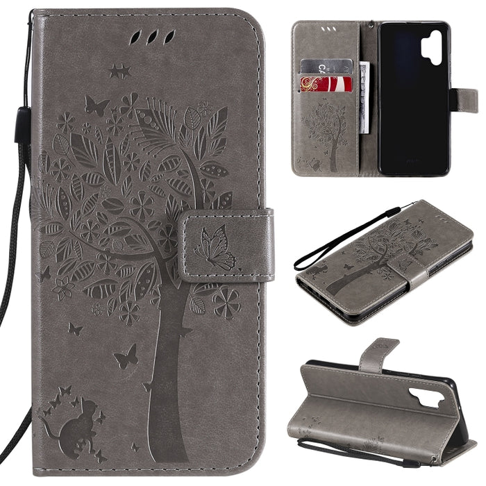 Estuche de cuero de PU con tapa horizontal con estampado prensado de patrón de árbol y gato con soporte y ranuras para tarjetas y billetera y cordón, For Xiaomi Redmi Note 10 4G, For Xiaomi Redmi Note 10 Pro, For Samsung Galaxy A32 4G                  ...