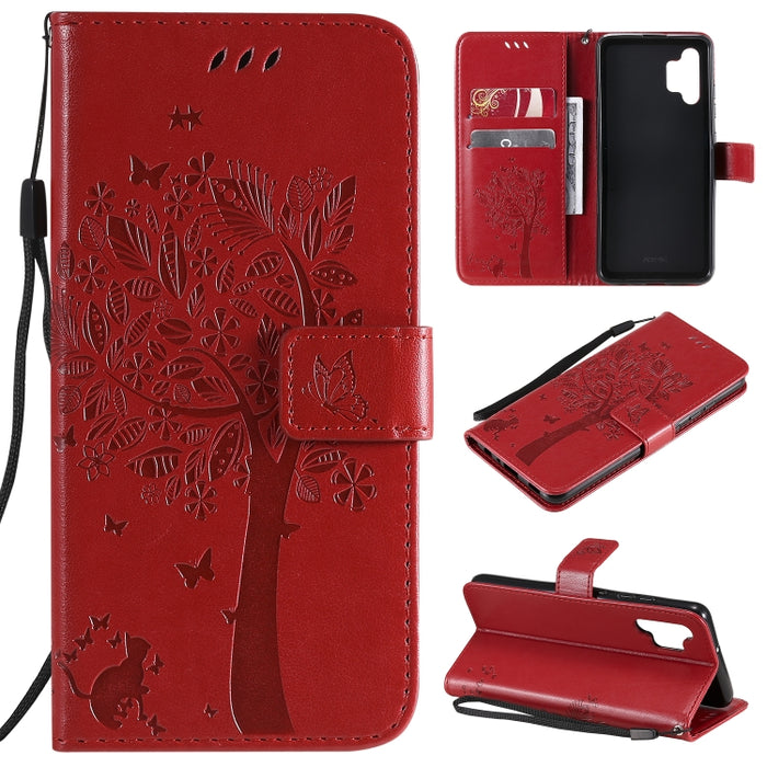 Estuche de cuero de PU con tapa horizontal con estampado prensado de patrón de árbol y gato con soporte y ranuras para tarjetas y billetera y cordón, For Xiaomi Redmi Note 10 4G, For Xiaomi Redmi Note 10 Pro, For Samsung Galaxy A32 4G                  ...