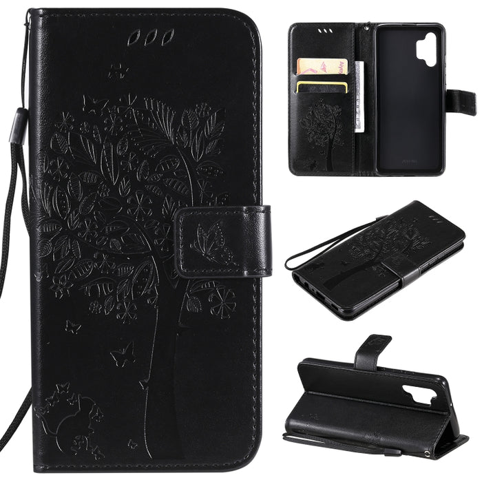 Estuche de cuero de PU con tapa horizontal con estampado prensado de patrón de árbol y gato con soporte y ranuras para tarjetas y billetera y cordón, For Xiaomi Redmi Note 10 4G, For Xiaomi Redmi Note 10 Pro, For Samsung Galaxy A32 4G                  ...