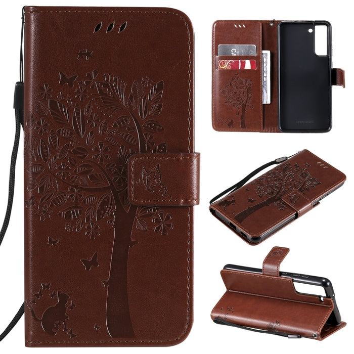 Estuche de cuero de PU con tapa horizontal con estampado prensado de patrón de árbol y gato con soporte y ranuras para tarjetas y billetera y cordón, For Xiaomi Redmi Note 10 4G, For Xiaomi Redmi Note 10 Pro, For Samsung Galaxy A32 4G                  ...