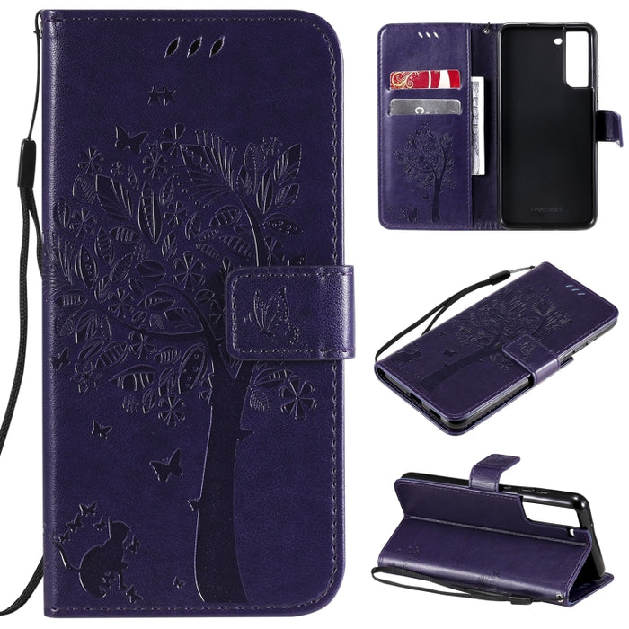 Estuche de cuero de PU con tapa horizontal con estampado prensado de patrón de árbol y gato con soporte y ranuras para tarjetas y billetera y cordón, For Xiaomi Redmi Note 10 4G, For Xiaomi Redmi Note 10 Pro, For Samsung Galaxy A32 4G                  ...