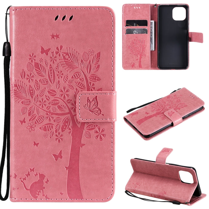 Estuche de cuero de PU con tapa horizontal con estampado prensado de patrón de árbol y gato con soporte y ranuras para tarjetas y billetera y cordón, For Xiaomi Redmi Note 10 4G, For Xiaomi Redmi Note 10 Pro, For Samsung Galaxy A32 4G                  ...