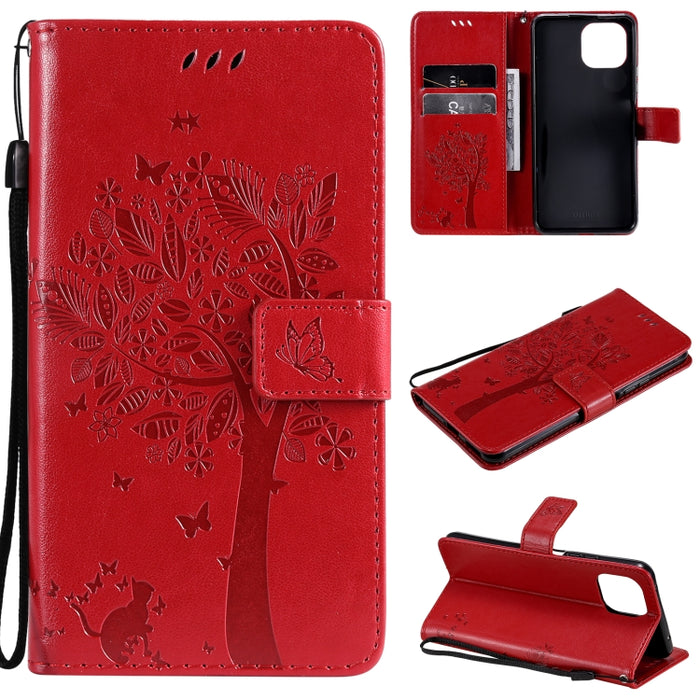 Estuche de cuero de PU con tapa horizontal con estampado prensado de patrón de árbol y gato con soporte y ranuras para tarjetas y billetera y cordón, For Xiaomi Redmi Note 10 4G, For Xiaomi Redmi Note 10 Pro, For Samsung Galaxy A32 4G                  ...