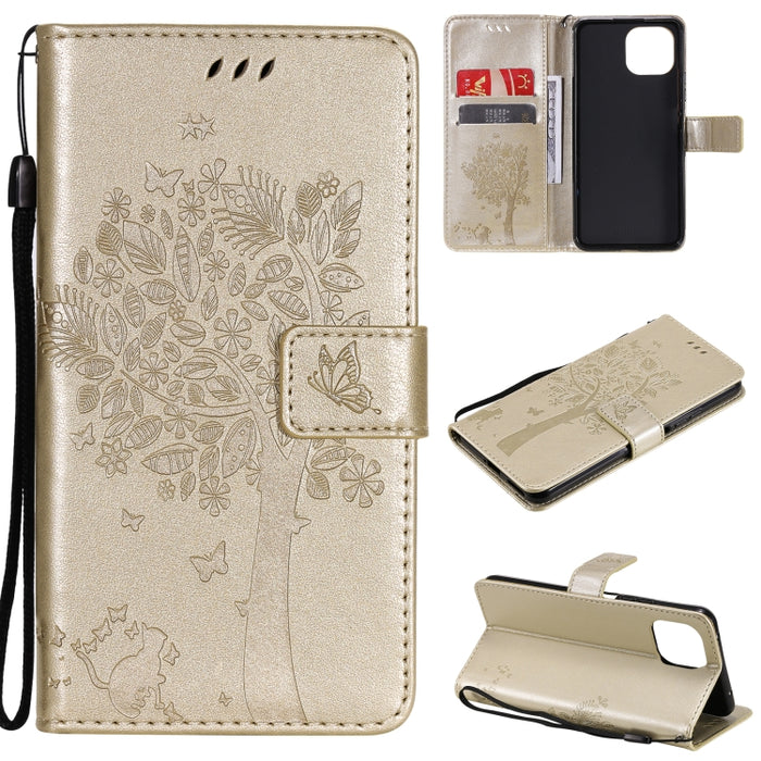 Estuche de cuero de PU con tapa horizontal con estampado prensado de patrón de árbol y gato con soporte y ranuras para tarjetas y billetera y cordón, For Xiaomi Redmi Note 10 4G, For Xiaomi Redmi Note 10 Pro, For Samsung Galaxy A32 4G                  ...