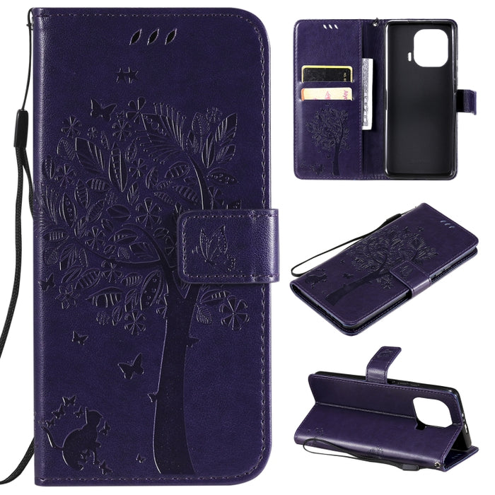 Estuche de cuero de PU con tapa horizontal con estampado prensado de patrón de árbol y gato con soporte y ranuras para tarjetas y billetera y cordón, For Xiaomi Redmi Note 10 4G, For Xiaomi Redmi Note 10 Pro, For Samsung Galaxy A32 4G                  ...