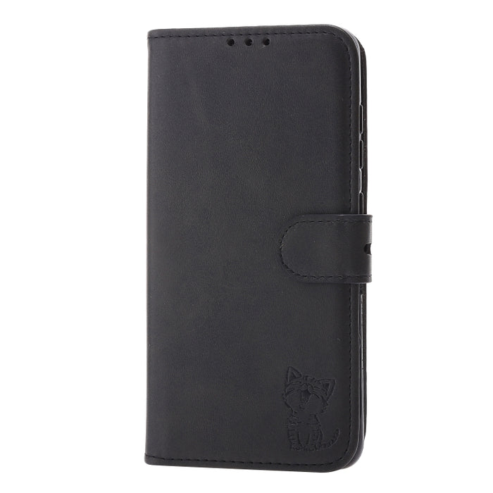 Estuche de cuero con tapa horizontal con patrón de gato feliz en relieve con soporte y ranuras para tarjetas y billetera, For Xiaomi Redmi Note 10 4G, For Xiaomi Redmi Note 10 5G, For Xiaomi Redmi Note 10 Pro