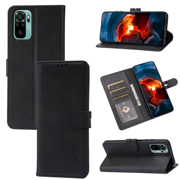 Estuche de cuero con tapa horizontal con patrón de gato feliz en relieve con soporte y ranuras para tarjetas y billetera, For Xiaomi Redmi Note 10 4G, For Xiaomi Redmi Note 10 5G, For Xiaomi Redmi Note 10 Pro