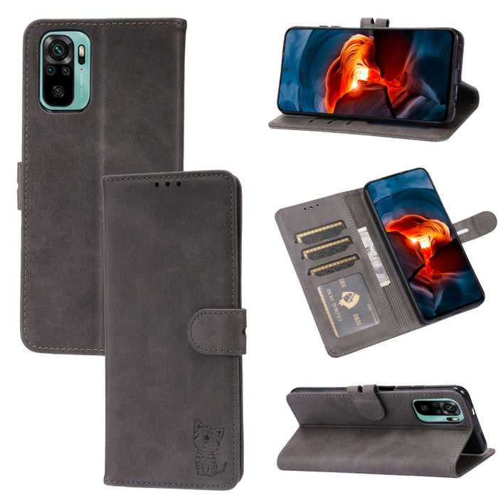Estuche de cuero con tapa horizontal con patrón de gato feliz en relieve con soporte y ranuras para tarjetas y billetera, For Xiaomi Redmi Note 10 4G, For Xiaomi Redmi Note 10 5G, For Xiaomi Redmi Note 10 Pro