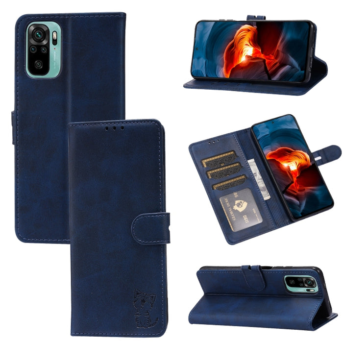 Estuche de cuero con tapa horizontal con patrón de gato feliz en relieve con soporte y ranuras para tarjetas y billetera, For Xiaomi Redmi Note 10 4G, For Xiaomi Redmi Note 10 5G, For Xiaomi Redmi Note 10 Pro