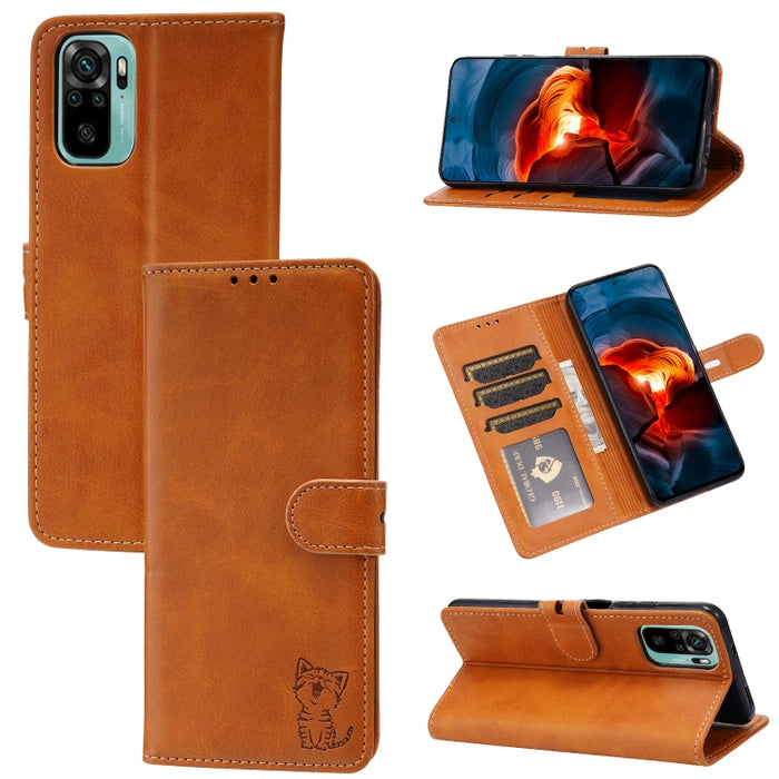 Estuche de cuero con tapa horizontal con patrón de gato feliz en relieve con soporte y ranuras para tarjetas y billetera, For Xiaomi Redmi Note 10 4G, For Xiaomi Redmi Note 10 5G, For Xiaomi Redmi Note 10 Pro