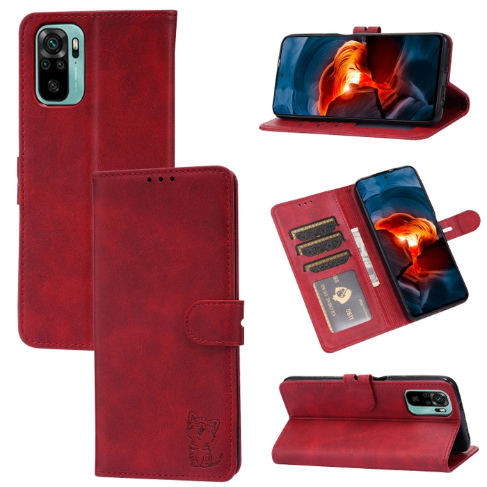 Estuche de cuero con tapa horizontal con patrón de gato feliz en relieve con soporte y ranuras para tarjetas y billetera, For Xiaomi Redmi Note 10 4G, For Xiaomi Redmi Note 10 5G, For Xiaomi Redmi Note 10 Pro