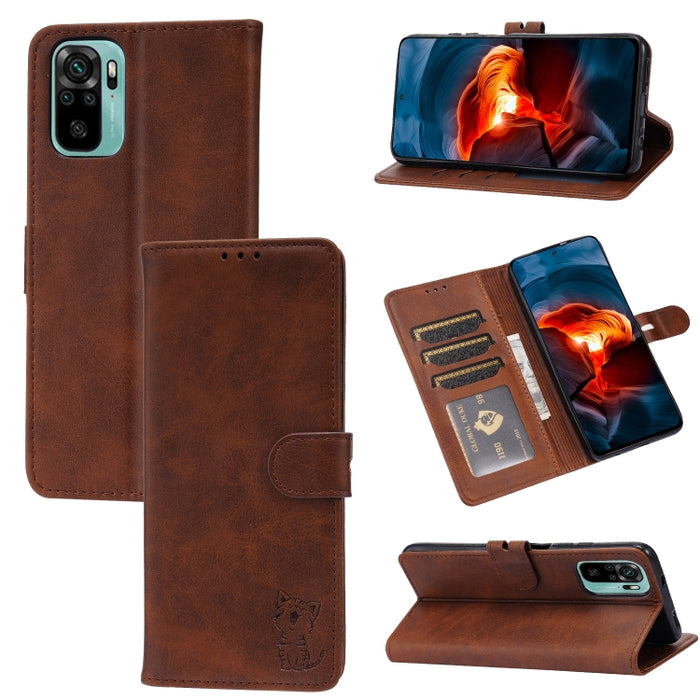 Estuche de cuero con tapa horizontal con patrón de gato feliz en relieve con soporte y ranuras para tarjetas y billetera, For Xiaomi Redmi Note 10 4G, For Xiaomi Redmi Note 10 5G, For Xiaomi Redmi Note 10 Pro
