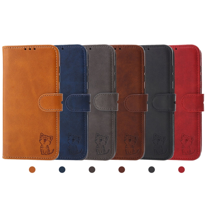 Estuche de cuero con tapa horizontal con patrón de gato feliz en relieve con soporte y ranuras para tarjetas y billetera, For Xiaomi Redmi Note 10 4G, For Xiaomi Redmi Note 10 5G, For Xiaomi Redmi Note 10 Pro