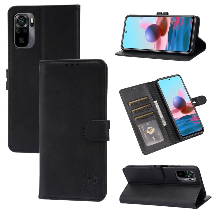 Estuche de cuero con tapa horizontal con patrón de gato feliz en relieve con soporte y ranuras para tarjetas y billetera, For Xiaomi Redmi Note 10 4G, For Xiaomi Redmi Note 10 5G, For Xiaomi Redmi Note 10 Pro