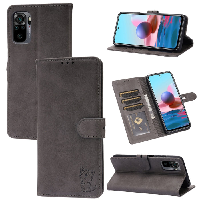Estuche de cuero con tapa horizontal con patrón de gato feliz en relieve con soporte y ranuras para tarjetas y billetera, For Xiaomi Redmi Note 10 4G, For Xiaomi Redmi Note 10 5G, For Xiaomi Redmi Note 10 Pro