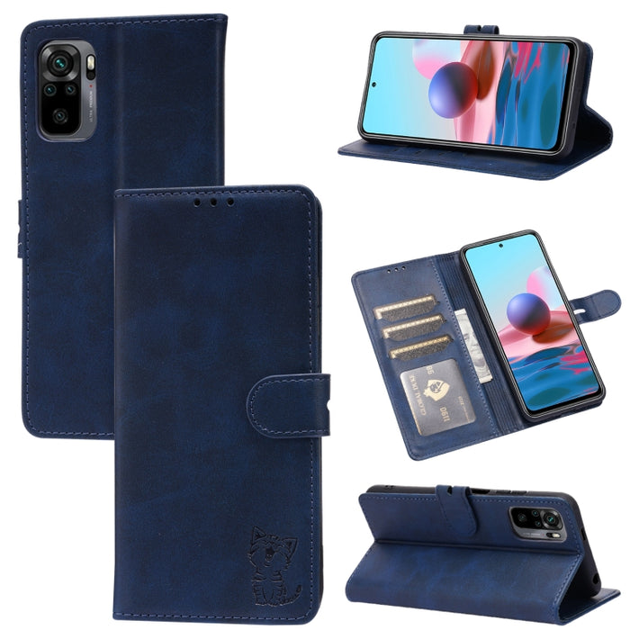 Estuche de cuero con tapa horizontal con patrón de gato feliz en relieve con soporte y ranuras para tarjetas y billetera, For Xiaomi Redmi Note 10 4G, For Xiaomi Redmi Note 10 5G, For Xiaomi Redmi Note 10 Pro
