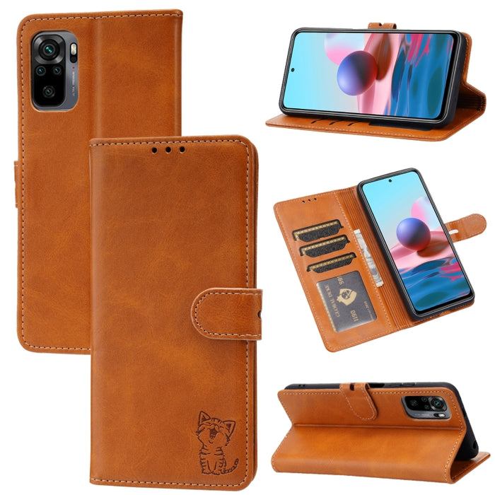 Estuche de cuero con tapa horizontal con patrón de gato feliz en relieve con soporte y ranuras para tarjetas y billetera, For Xiaomi Redmi Note 10 4G, For Xiaomi Redmi Note 10 5G, For Xiaomi Redmi Note 10 Pro