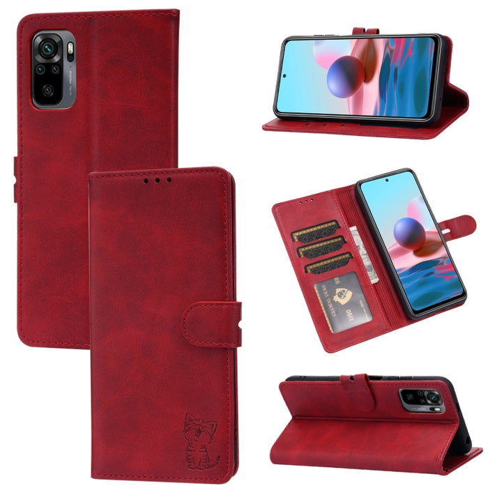 Estuche de cuero con tapa horizontal con patrón de gato feliz en relieve con soporte y ranuras para tarjetas y billetera, For Xiaomi Redmi Note 10 4G, For Xiaomi Redmi Note 10 5G, For Xiaomi Redmi Note 10 Pro