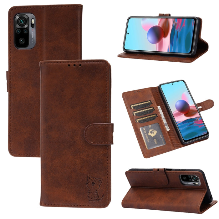 Estuche de cuero con tapa horizontal con patrón de gato feliz en relieve con soporte y ranuras para tarjetas y billetera, For Xiaomi Redmi Note 10 4G, For Xiaomi Redmi Note 10 5G, For Xiaomi Redmi Note 10 Pro