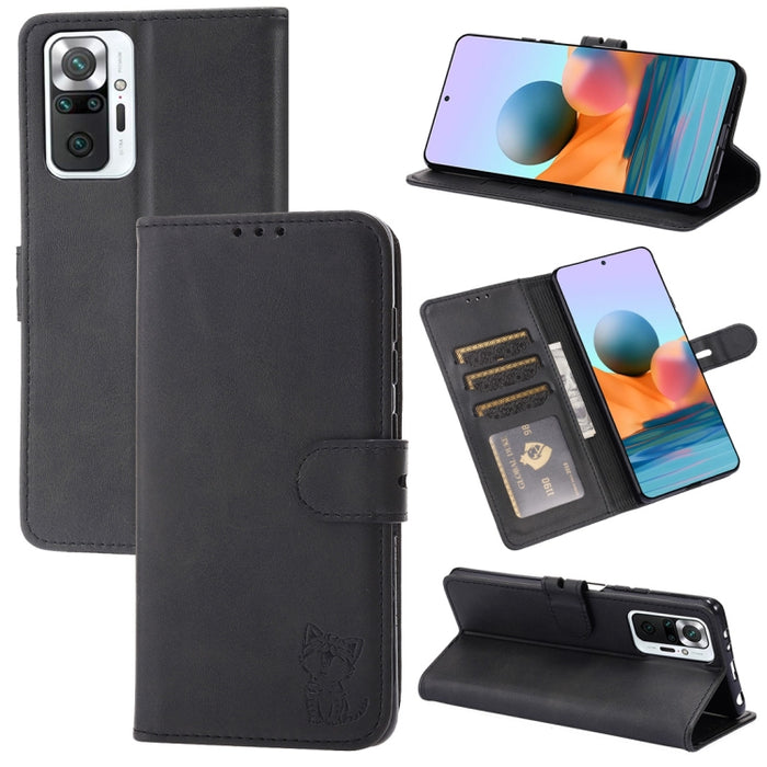 Estuche de cuero con tapa horizontal con patrón de gato feliz en relieve con soporte y ranuras para tarjetas y billetera, For Xiaomi Redmi Note 10 4G, For Xiaomi Redmi Note 10 5G, For Xiaomi Redmi Note 10 Pro