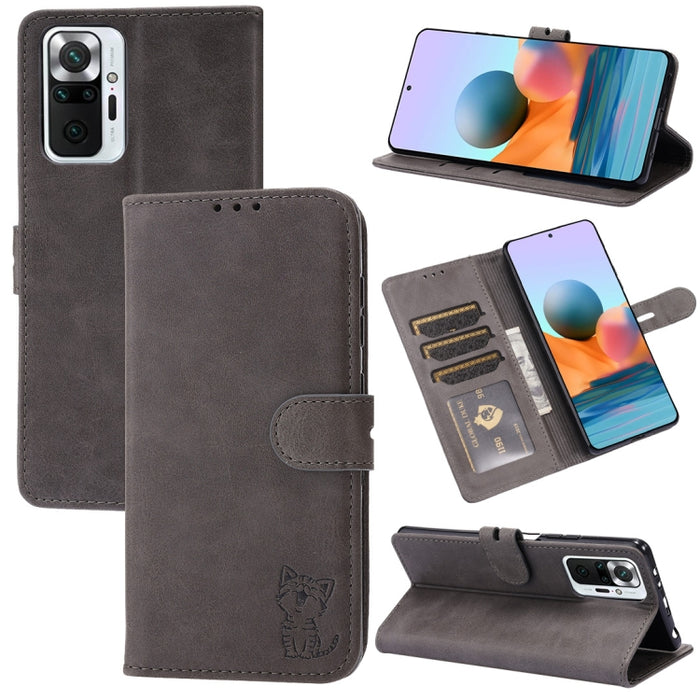 Estuche de cuero con tapa horizontal con patrón de gato feliz en relieve con soporte y ranuras para tarjetas y billetera, For Xiaomi Redmi Note 10 4G, For Xiaomi Redmi Note 10 5G, For Xiaomi Redmi Note 10 Pro