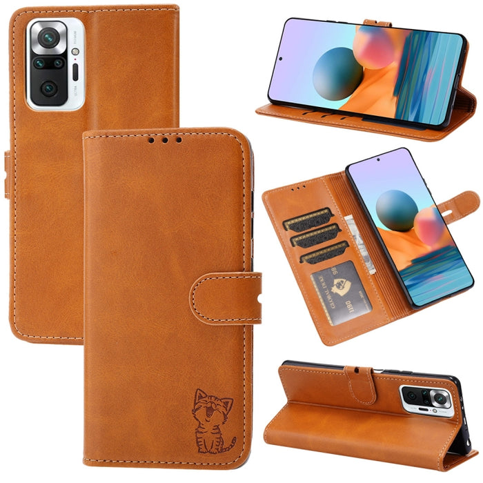 Estuche de cuero con tapa horizontal con patrón de gato feliz en relieve con soporte y ranuras para tarjetas y billetera, For Xiaomi Redmi Note 10 4G, For Xiaomi Redmi Note 10 5G, For Xiaomi Redmi Note 10 Pro