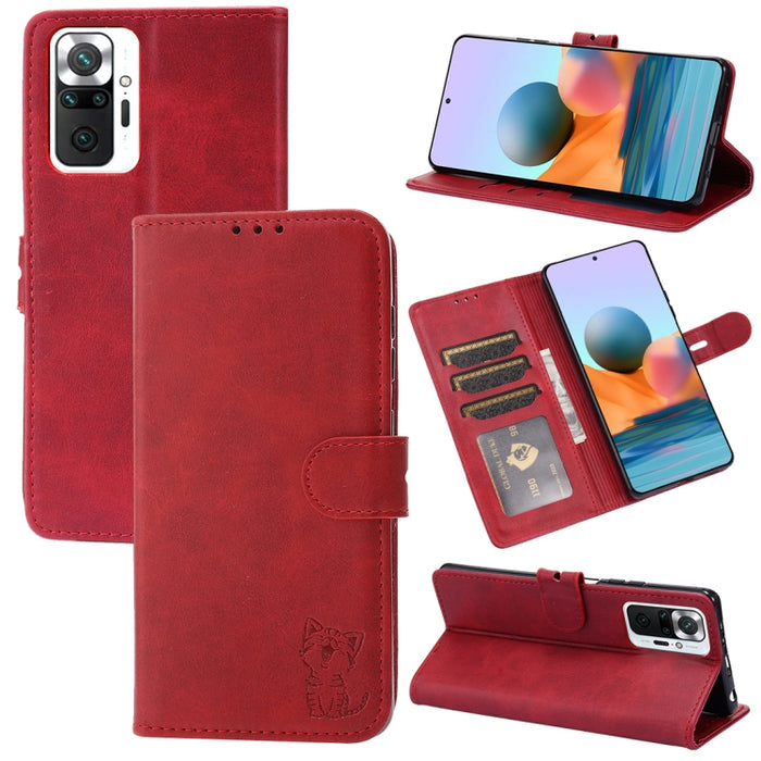 Estuche de cuero con tapa horizontal con patrón de gato feliz en relieve con soporte y ranuras para tarjetas y billetera, For Xiaomi Redmi Note 10 4G, For Xiaomi Redmi Note 10 5G, For Xiaomi Redmi Note 10 Pro
