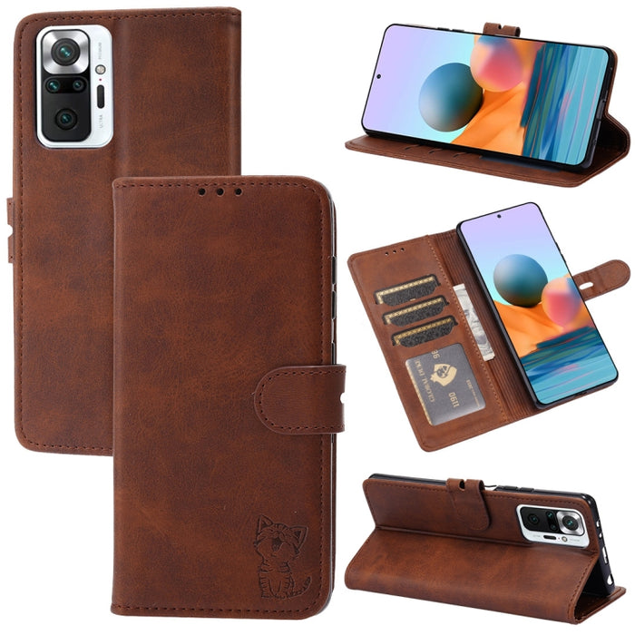 Estuche de cuero con tapa horizontal con patrón de gato feliz en relieve con soporte y ranuras para tarjetas y billetera, For Xiaomi Redmi Note 10 4G, For Xiaomi Redmi Note 10 5G, For Xiaomi Redmi Note 10 Pro