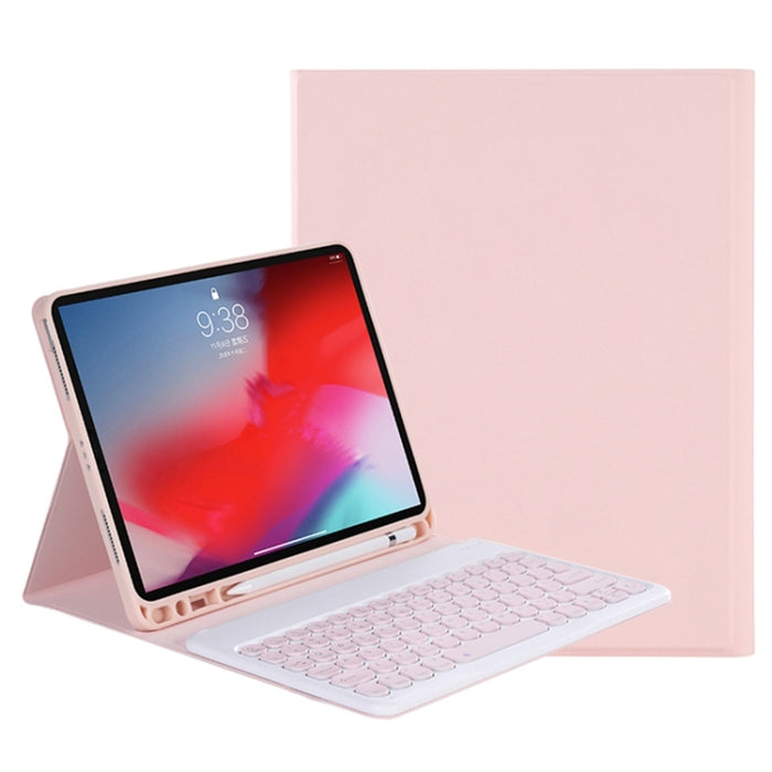 Y-C11B 2021 Desmontable Color caramelo Textura de la piel Tecla redonda Teclado Bluetooth Funda de cuero con ranura para bolígrafo y soporte