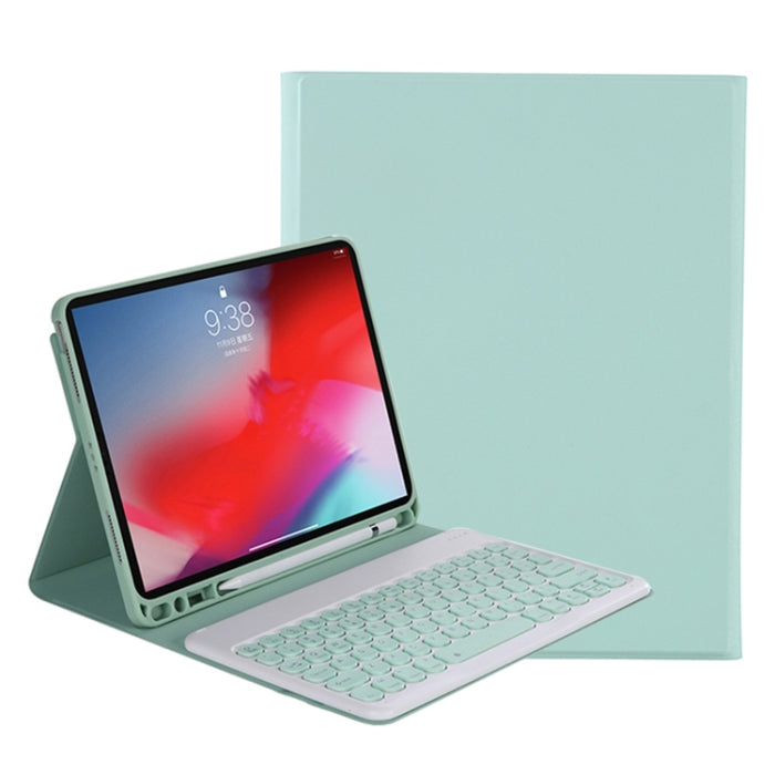 Y-C11B 2021 Desmontable Color caramelo Textura de la piel Tecla redonda Teclado Bluetooth Funda de cuero con ranura para bolígrafo y soporte
