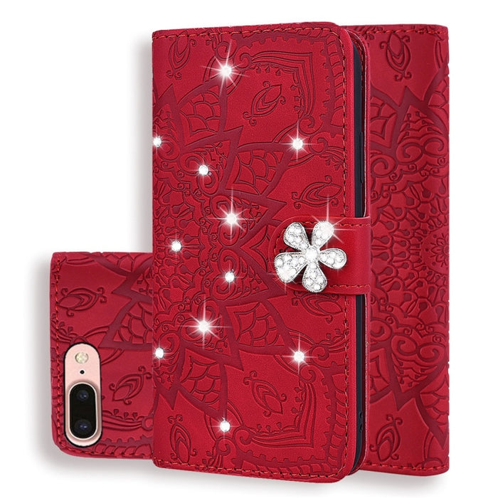 Patrón de becerro Diamante Mandala Diseño plegable doble Estuche de cuero en relieve con billetera y soporte y ranuras para tarjetas
