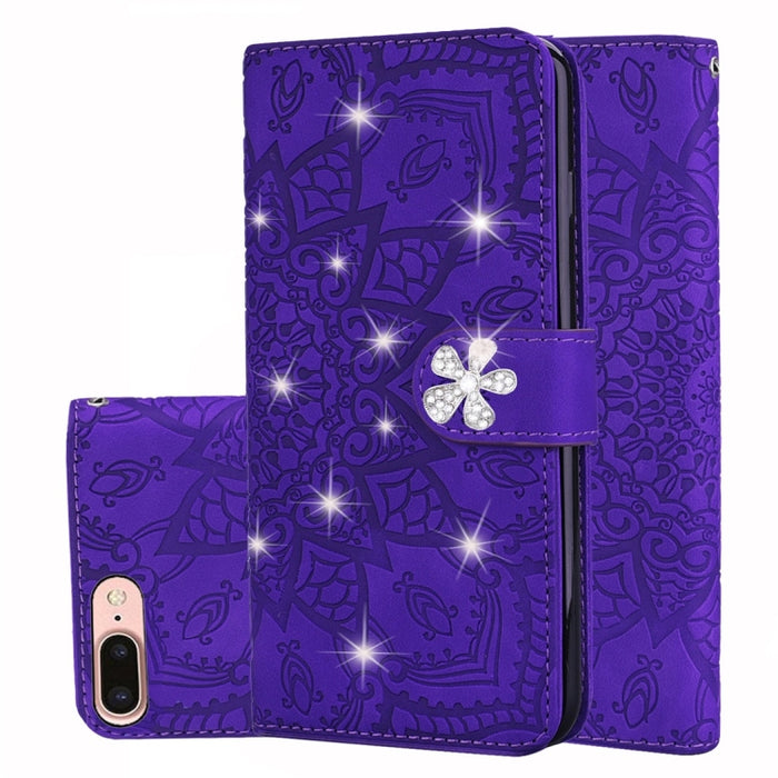 Patrón de becerro Diamante Mandala Diseño plegable doble Estuche de cuero en relieve con billetera y soporte y ranuras para tarjetas
