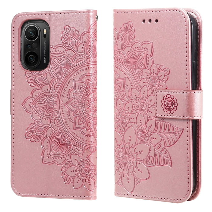 Estuche de cuero de PU con tapa horizontal con estampado de flores de 7 pétalos con soporte y ranuras para tarjetas y billetera y marco de fotos, For Xiaomi Redmi 9C, For Xiaomi Redmi 9A, For Xiaomi Redmi K40/K40 Pro/Poco F3/ Mi 11i                    ...