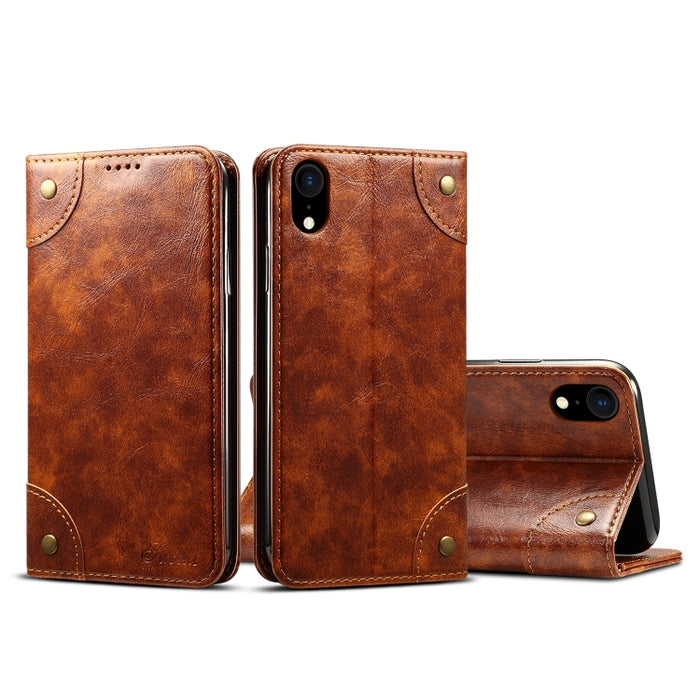Estuche de cuero con tapa horizontal simple barroco, con soporte y ranuras para tarjetas y billetera