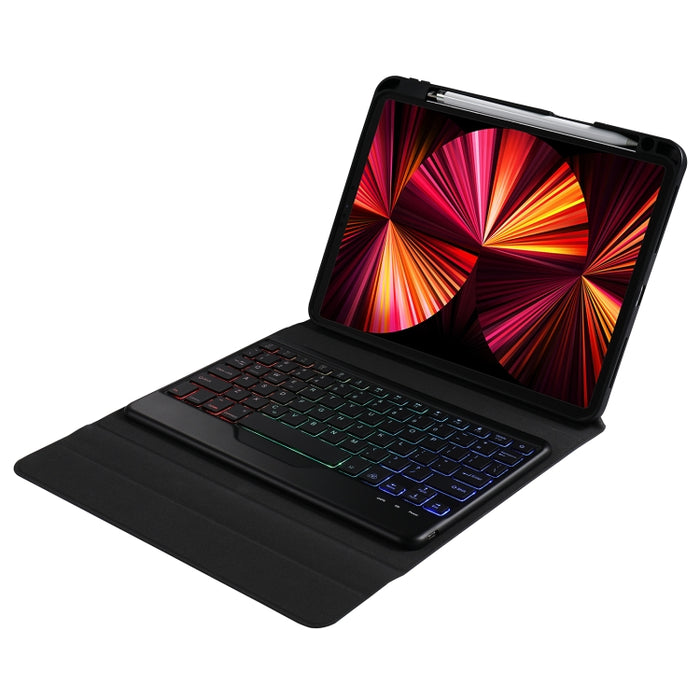 B011S Estuche de cuero con teclado Bluetooth con retroiluminación divisible con soporte triangular y ranura para bolígrafo