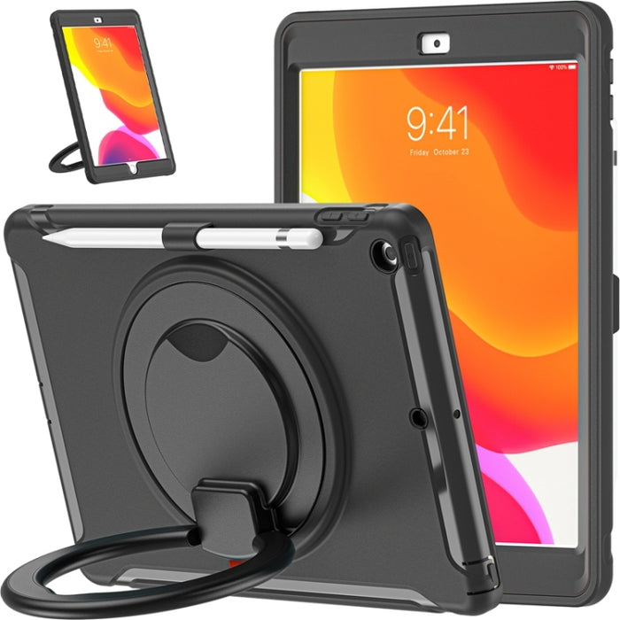 Funda protectora de silicona + PC a prueba de golpes con rotación de 360 grados Mango plegable Soporte de agarre Ranura para bolígrafo, For iPad 10.2 2021 / 2020 / 2019