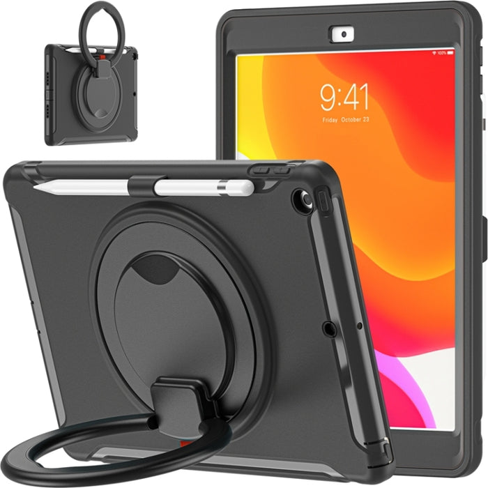 Funda protectora de silicona + PC a prueba de golpes con rotación de 360 grados Mango plegable Soporte de agarre Ranura para bolígrafo, For iPad 10.2 2021 / 2020 / 2019