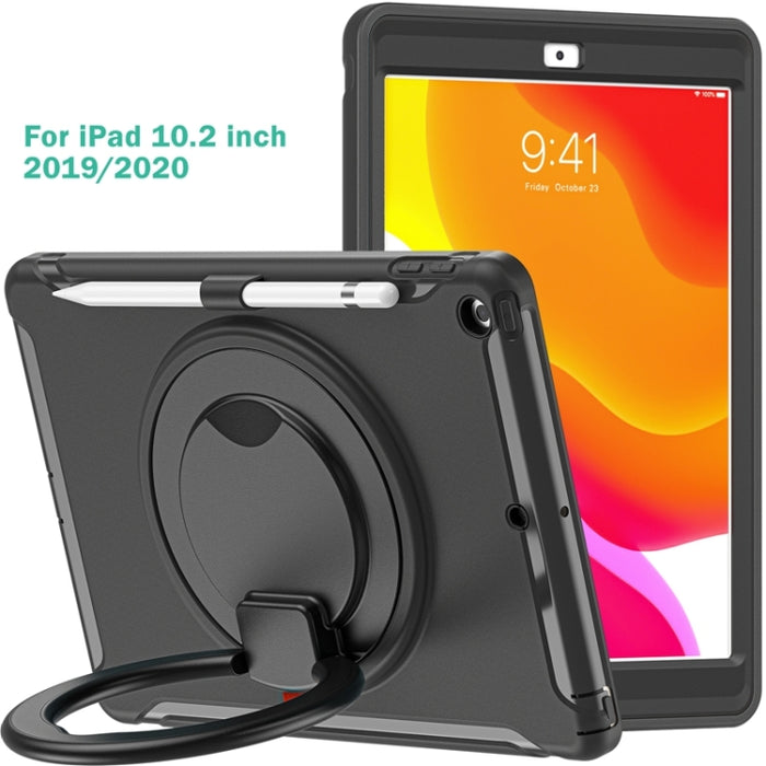 Funda protectora de silicona + PC a prueba de golpes con rotación de 360 grados Mango plegable Soporte de agarre Ranura para bolígrafo, For iPad 10.2 2021 / 2020 / 2019