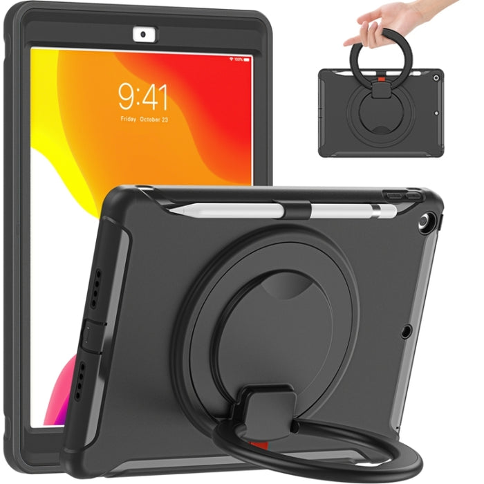 Funda protectora de silicona + PC a prueba de golpes con rotación de 360 grados Mango plegable Soporte de agarre Ranura para bolígrafo, For iPad 10.2 2021 / 2020 / 2019