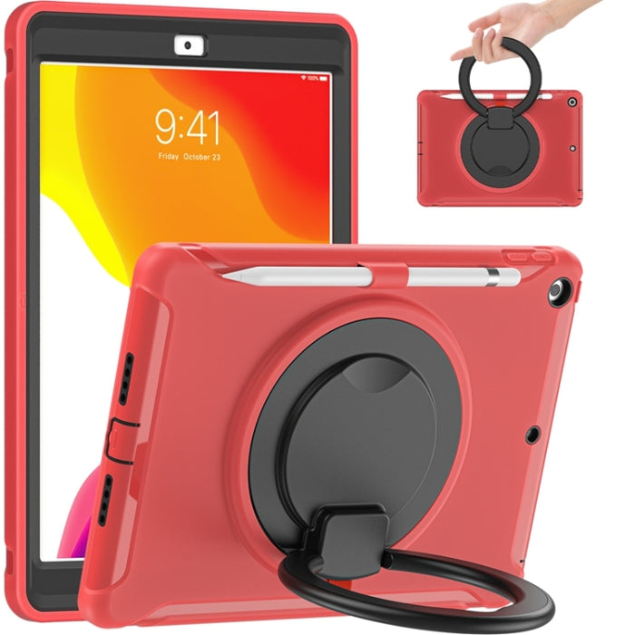 Funda protectora de silicona + PC a prueba de golpes con rotación de 360 grados Mango plegable Soporte de agarre Ranura para bolígrafo, For iPad 10.2 2021 / 2020 / 2019