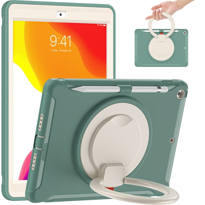 Funda protectora de silicona + PC a prueba de golpes con rotación de 360 grados Mango plegable Soporte de agarre Ranura para bolígrafo, For iPad 10.2 2021 / 2020 / 2019