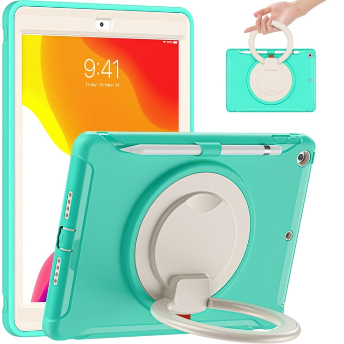Funda protectora de silicona + PC a prueba de golpes con rotación de 360 grados Mango plegable Soporte de agarre Ranura para bolígrafo, For iPad 10.2 2021 / 2020 / 2019
