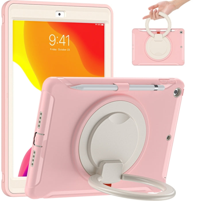 Funda protectora de silicona + PC a prueba de golpes con rotación de 360 grados Mango plegable Soporte de agarre Ranura para bolígrafo, For iPad 10.2 2021 / 2020 / 2019