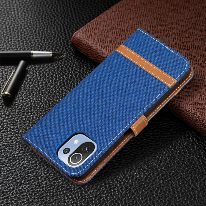 Estuche de cuero con tapa horizontal de textura de mezclilla a juego con soporte y ranuras para tarjetas y billetera y cordón, For Xiaomi Mi 11 Lite, For Xiaomi Poco M3 Pro / Redmi Note 10 5G, For Samsung Galaxy A03s 164mm