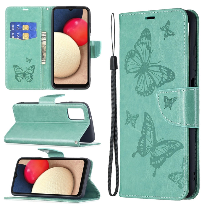 Estuche de cuero de PU con tapa horizontal con patrón de dos mariposas en relieve con soporte y ranura para tarjeta y billetera y cordón, For Samsung Galaxy A03s 164mm, For Xiaomi Mi 11 Lite, For Xiaomi Poco M3 Pro / Redmi Note 10 5G
